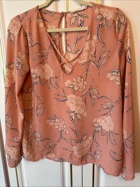 Lush Pink Floral V-Neck Long Sleeve Blouse